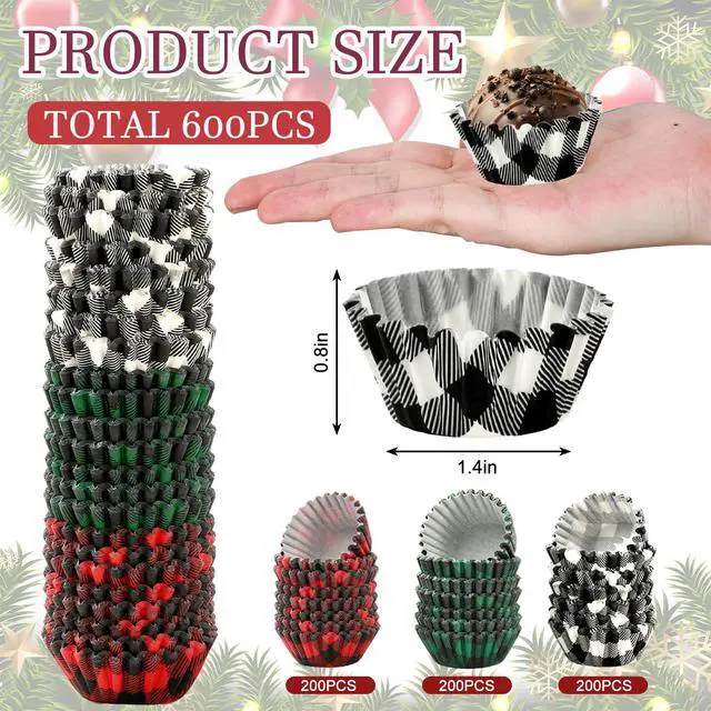 Alt view image 2 of 7 - 600Pcs Christmas Cupcake Wrappers 3 Colors Buffalo Plaid Cupcake Liners Disposable Cake Holders Paper Muffin Cups for Baking Home Kitchen Holiday Party Supplies