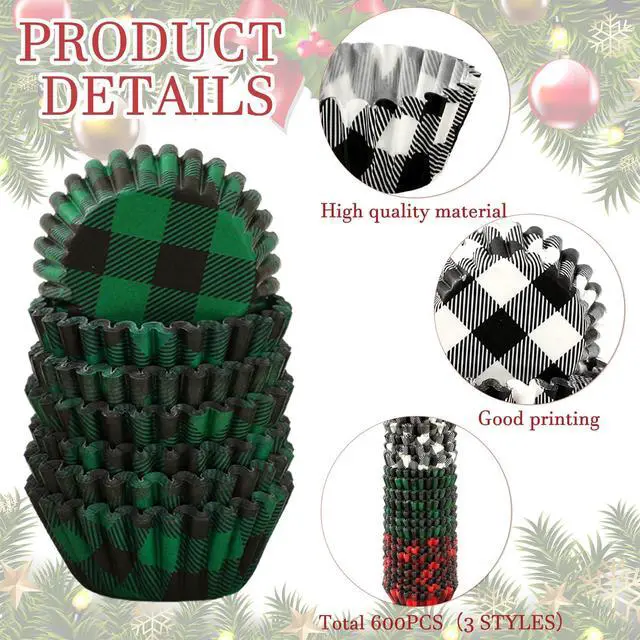 Alt view image 3 of 7 - 600Pcs Christmas Cupcake Wrappers 3 Colors Buffalo Plaid Cupcake Liners Disposable Cake Holders Paper Muffin Cups for Baking Home Kitchen Holiday Party Supplies