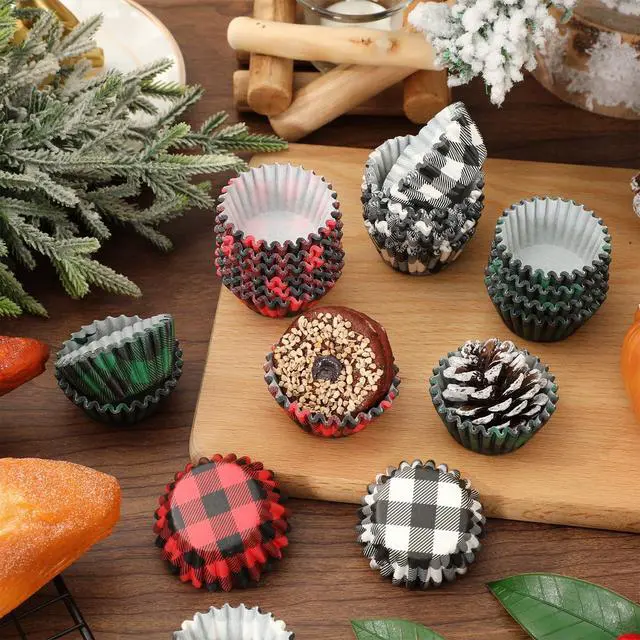 Alt view image 4 of 7 - 600Pcs Christmas Cupcake Wrappers 3 Colors Buffalo Plaid Cupcake Liners Disposable Cake Holders Paper Muffin Cups for Baking Home Kitchen Holiday Party Supplies