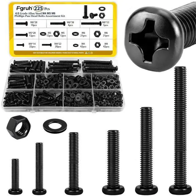 Main image of 225pcs Screws and Nuts Assortment Kit,M4 M5 M6 Phillips Pan Head Assorted Nuts and Bolts,Washers Kit for Headboard, Wall Plate Switch, Receptacles Mounting Screws Black