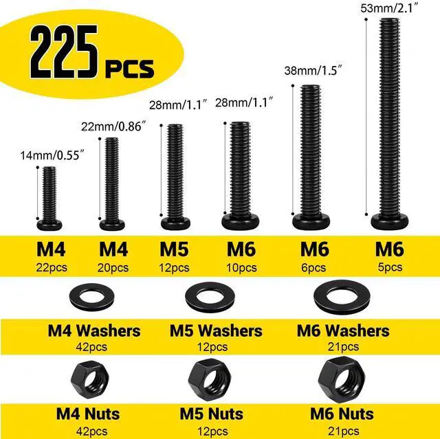 Alt view image 2 of 7 - 225pcs Screws and Nuts Assortment Kit,M4 M5 M6 Phillips Pan Head Assorted Nuts and Bolts,Washers Kit for Headboard, Wall Plate Switch, Receptacles Mounting Screws Black