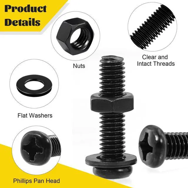 Alt view image 3 of 7 - 225pcs Screws and Nuts Assortment Kit,M4 M5 M6 Phillips Pan Head Assorted Nuts and Bolts,Washers Kit for Headboard, Wall Plate Switch, Receptacles Mounting Screws Black