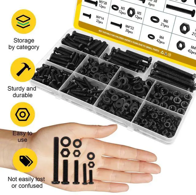 Alt view image 4 of 7 - 225pcs Screws and Nuts Assortment Kit,M4 M5 M6 Phillips Pan Head Assorted Nuts and Bolts,Washers Kit for Headboard, Wall Plate Switch, Receptacles Mounting Screws Black