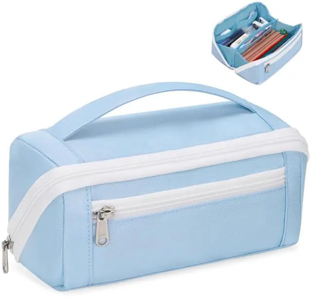 Main image of Large Capacity Pencil Case - Pencil Pouch for Teen Girls & Boys, Aesthetic Pouch Organizer with 8 Compartments, Wide Opening Marker Bag for Middle High School College, Fits Calculator, Blue
