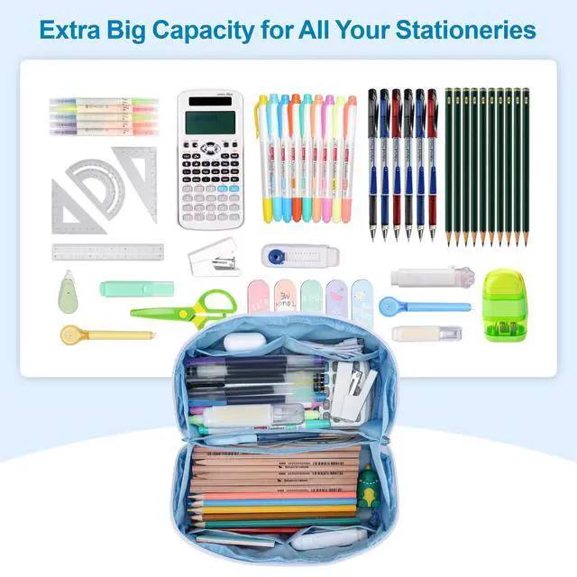 Alt view image 2 of 7 - Large Capacity Pencil Case - Pencil Pouch for Teen Girls & Boys, Aesthetic Pouch Organizer with 8 Compartments, Wide Opening Marker Bag for Middle High School College, Fits Calculator, Blue