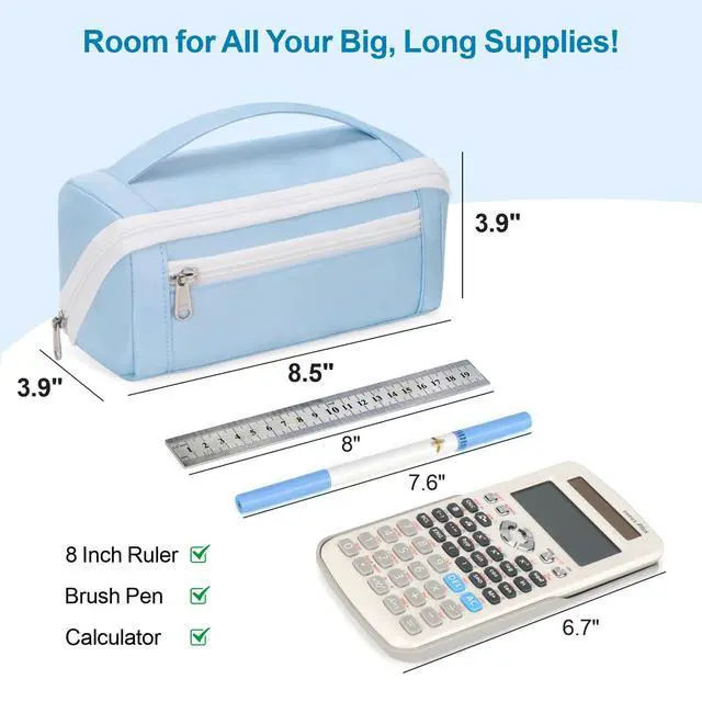 Alt view image 3 of 7 - Large Capacity Pencil Case - Pencil Pouch for Teen Girls & Boys, Aesthetic Pouch Organizer with 8 Compartments, Wide Opening Marker Bag for Middle High School College, Fits Calculator, Blue