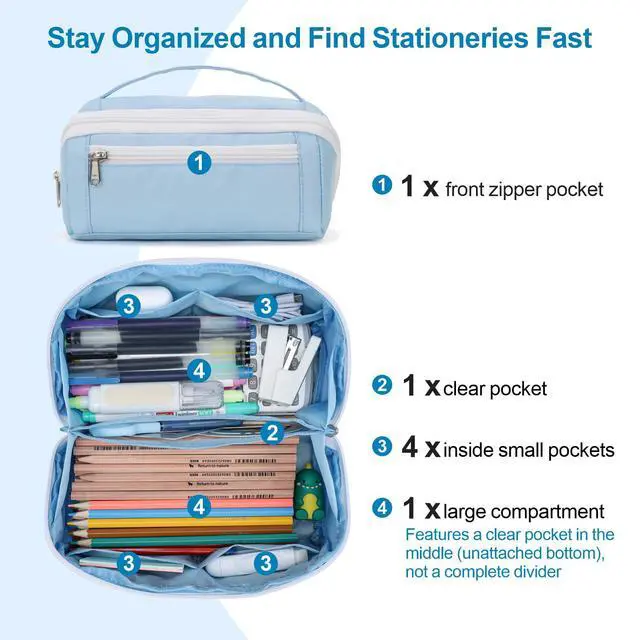 Alt view image 4 of 7 - Large Capacity Pencil Case - Pencil Pouch for Teen Girls & Boys, Aesthetic Pouch Organizer with 8 Compartments, Wide Opening Marker Bag for Middle High School College, Fits Calculator, Blue