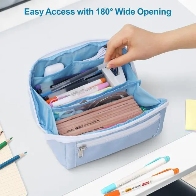Alt view image 5 of 7 - Large Capacity Pencil Case - Pencil Pouch for Teen Girls & Boys, Aesthetic Pouch Organizer with 8 Compartments, Wide Opening Marker Bag for Middle High School College, Fits Calculator, Blue