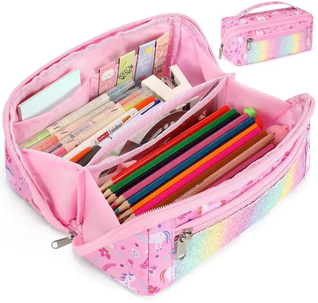 Main image of Large Pencil Case for Girls, Aesthetic Pencil Pouch for School, Wide Opening Organizer Box with Handle, Fits 50 Pens & Markers (Glitter Pink Unicorn)