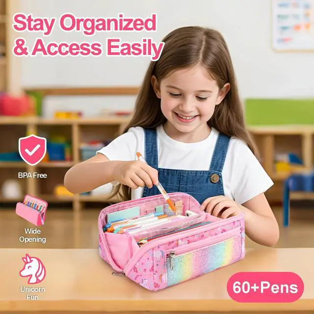 Alt view image 2 of 7 - Large Pencil Case for Girls, Aesthetic Pencil Pouch for School, Wide Opening Organizer Box with Handle, Fits 50 Pens & Markers (Glitter Pink Unicorn)