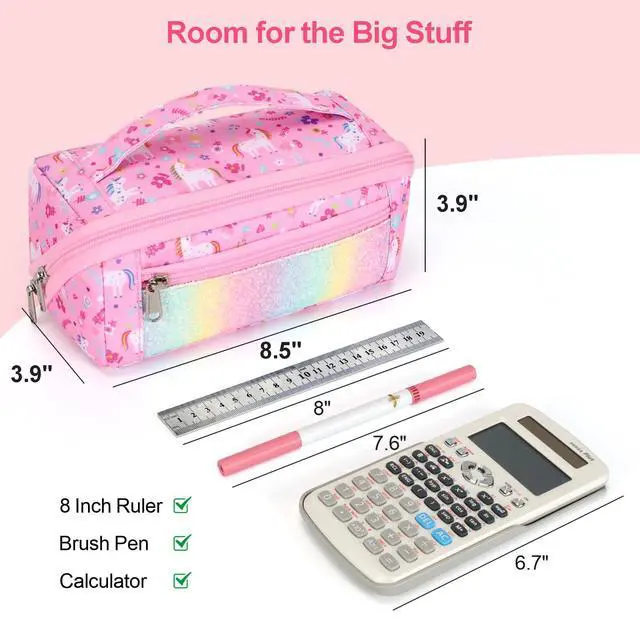 Alt view image 3 of 7 - Large Pencil Case for Girls, Aesthetic Pencil Pouch for School, Wide Opening Organizer Box with Handle, Fits 50 Pens & Markers (Glitter Pink Unicorn)