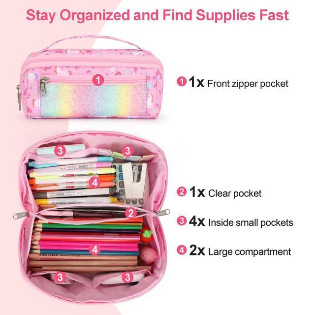 Alt view image 4 of 7 - Large Pencil Case for Girls, Aesthetic Pencil Pouch for School, Wide Opening Organizer Box with Handle, Fits 50 Pens & Markers (Glitter Pink Unicorn)