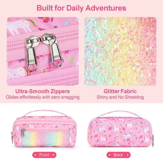 Alt view image 6 of 7 - Large Pencil Case for Girls, Aesthetic Pencil Pouch for School, Wide Opening Organizer Box with Handle, Fits 50 Pens & Markers (Glitter Pink Unicorn)