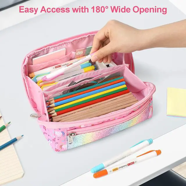 Alt view image 7 of 7 - Large Pencil Case for Girls, Aesthetic Pencil Pouch for School, Wide Opening Organizer Box with Handle, Fits 50 Pens & Markers (Glitter Pink Unicorn)