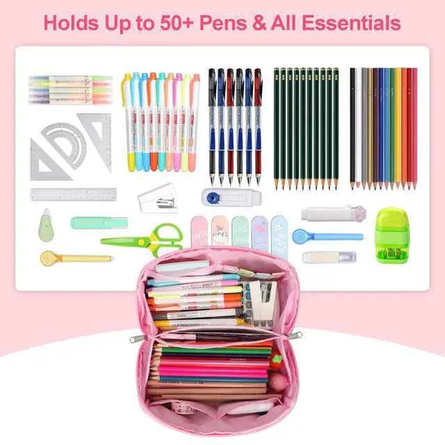 Alt view image 5 of 7 - Large Pencil Case for Girls, Aesthetic Pencil Pouch for School, Wide Opening Organizer Box with Handle, Fits 50 Pens & Markers (Glitter Pink Unicorn)