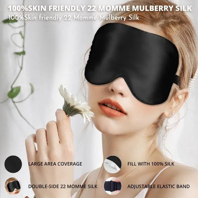 Alt view image 2 of 6 - Silk Sleep Mask 100% 22 Momme Mulberry, Sleep Eye Mask for Women Men, Blackout Blindfold with Adjustable Strap, Side Sleeper Eye Cover, Soft Eyeshade Filled with Premium Mulberry Silk (Black)