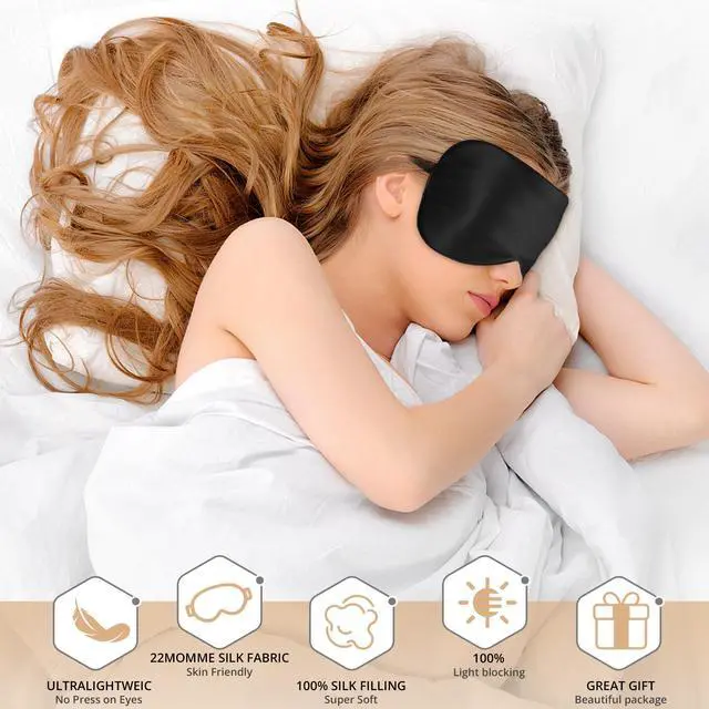 Alt view image 3 of 6 - Silk Sleep Mask 100% 22 Momme Mulberry, Sleep Eye Mask for Women Men, Blackout Blindfold with Adjustable Strap, Side Sleeper Eye Cover, Soft Eyeshade Filled with Premium Mulberry Silk (Black)