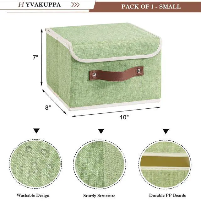 Alt view image 2 of 7 - Collapsible Storage Boxes Baskets with Lid Cotton Linen Fabric Storage Bins with Faux Leather Handles Decorative Washable Cube Organizer Container for Home Closet Bedroom (Green, Small Size)