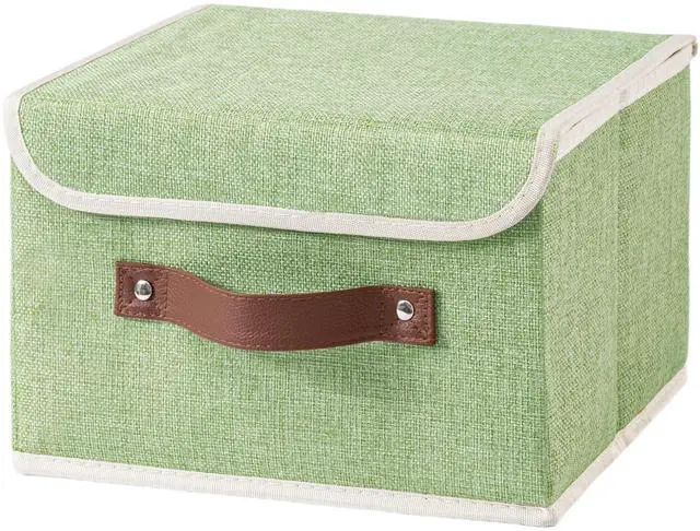 Main image of Collapsible Storage Boxes Baskets with Lid Cotton Linen Fabric Storage Bins with Faux Leather Handles Decorative Washable Cube Organizer Container for Home Closet Bedroom (Green, Small Size)