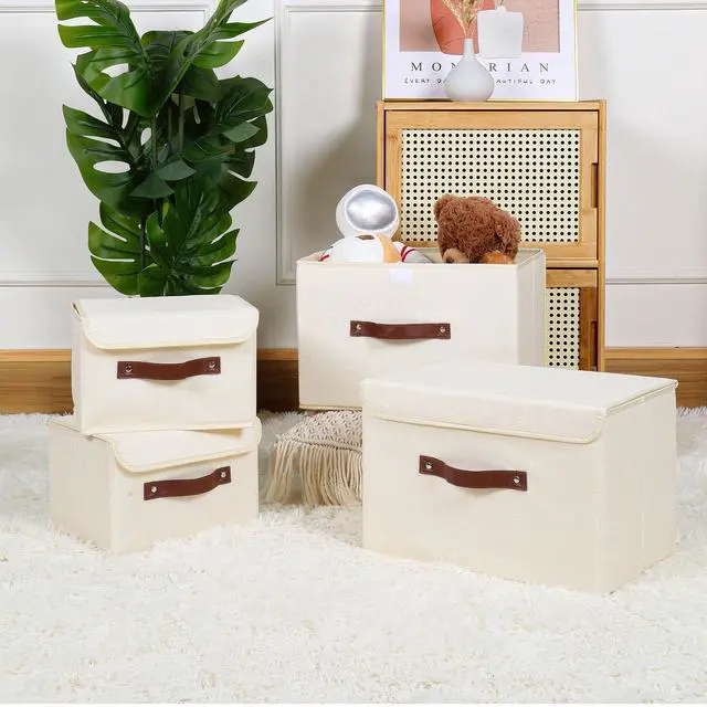 Alt view image 7 of 7 - Fabric Storage Box Bins with Lids, Beige, 10"x8"x7"