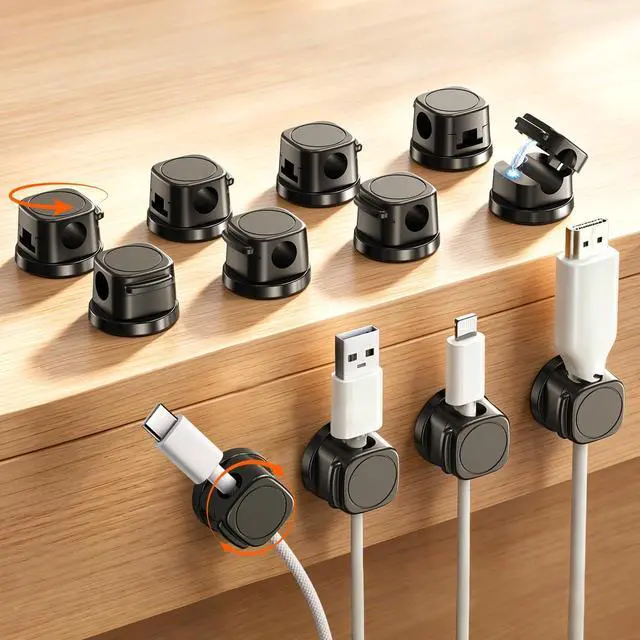 Main image of Magnetic Cable Clips 12 Pack, 360° Rotatable Self-Adhesive Cord Holder with One-Hand Open Lid, Cable Management for Nightstand Desk Car Phone Charger