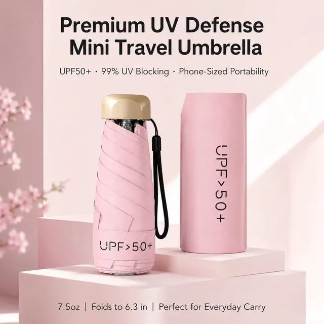 Alt view image 2 of 7 - Travel Umbrella, Mini Umbrella - UPF 50+ UV Protection & Waterproof, Windproof 6 Ribs Fiberglass, Pocket-Sized 6.3in Folded, Lightweight 7.05oz for Backpack