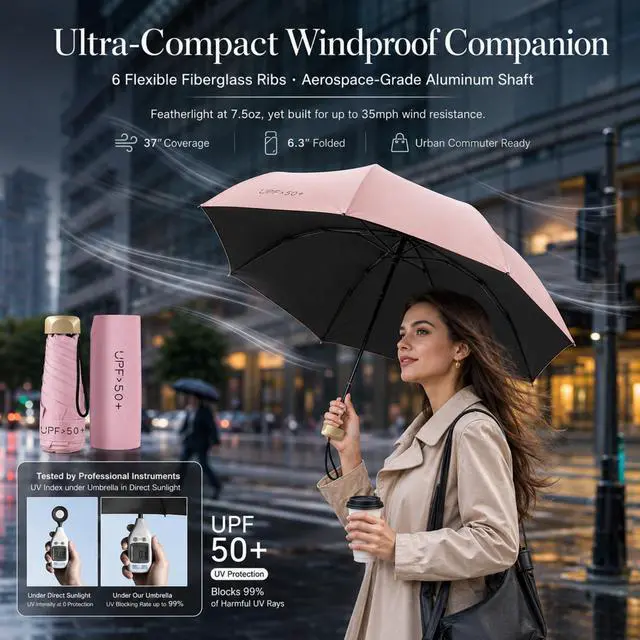 Alt view image 6 of 7 - Travel Umbrella, Mini Umbrella - UPF 50+ UV Protection & Waterproof, Windproof 6 Ribs Fiberglass, Pocket-Sized 6.3in Folded, Lightweight 7.05oz for Backpack