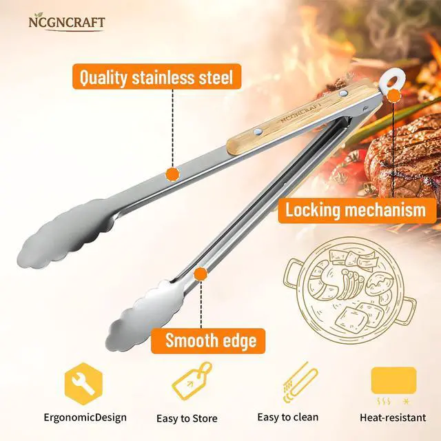 Alt view image 3 of 7 - 9+12 inch Stainless Steel Kitchen Tongs for cooking with Wood Handle, Set of 2
