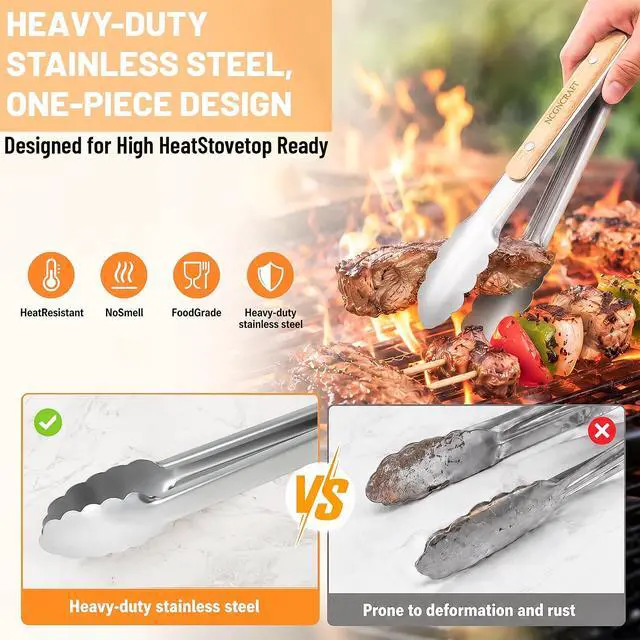 Alt view image 2 of 7 - 9+12 inch Stainless Steel Kitchen Tongs for cooking with Wood Handle, Set of 2