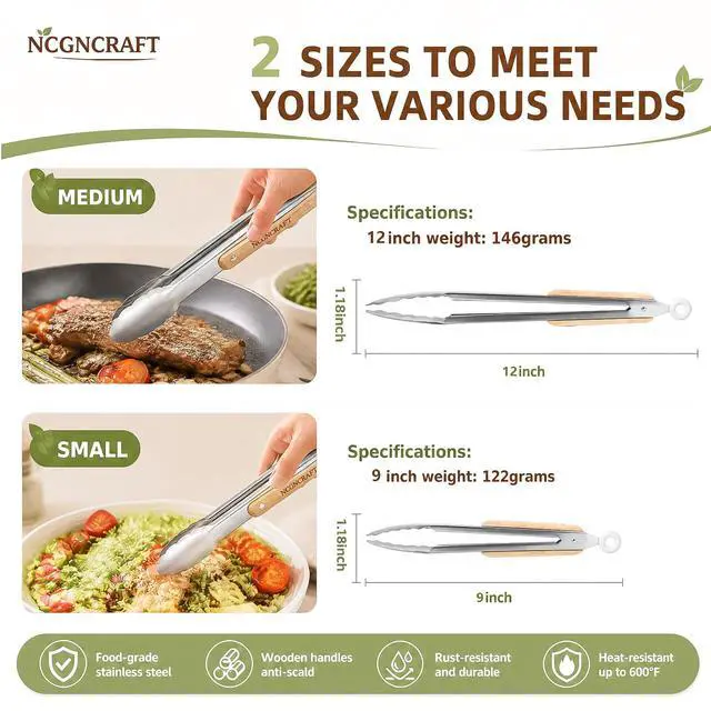 Alt view image 4 of 7 - 9+12 inch Stainless Steel Kitchen Tongs for cooking with Wood Handle, Set of 2