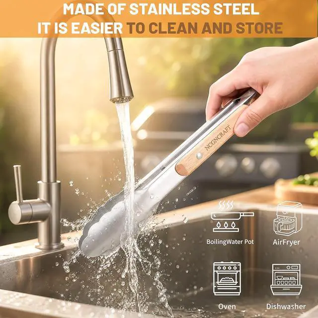 Alt view image 5 of 7 - 9+12 inch Stainless Steel Kitchen Tongs for cooking with Wood Handle, Set of 2
