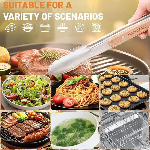 Alt view image 7 of 7 - 9+12 inch Stainless Steel Kitchen Tongs for cooking with Wood Handle, Set of 2