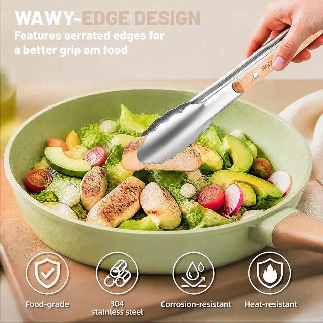 Alt view image 6 of 7 - 9+12 inch Stainless Steel Kitchen Tongs for cooking with Wood Handle, Set of 2
