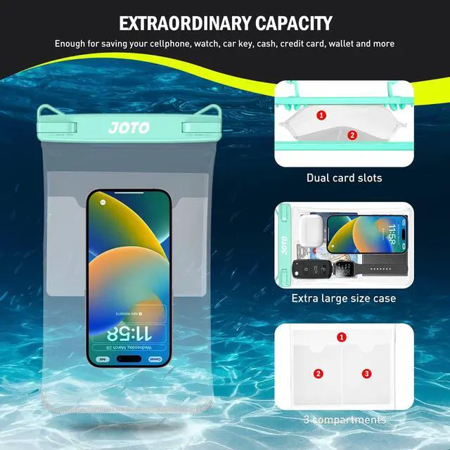 Alt view image 3 of 7 - 2 Pack Large Waterproof Phone Pouch Bag, IPX8 Big Underwater Dry Bag with Lanyard for iPhone 17 Air 16 15 14 Plus Pro Max, Galaxy S24 S23 Ultra, Airpods Cash Credit Card Essentials -Black & Green