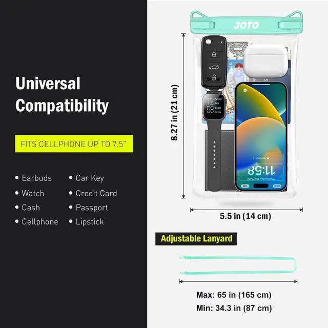 Alt view image 6 of 7 - 2 Pack Large Waterproof Phone Pouch Bag, IPX8 Big Underwater Dry Bag with Lanyard for iPhone 17 Air 16 15 14 Plus Pro Max, Galaxy S24 S23 Ultra, Airpods Cash Credit Card Essentials -Black & Green