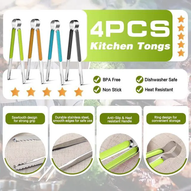 Alt view image 2 of 7 - 4Pcs Stainless Steel Kitchen Tongs for Cooking - 10" Metal Food Tongs With Non-Slip Comfort Grip, Non-Stick, High Heat Resistant for BBQ, Grilling and Serving