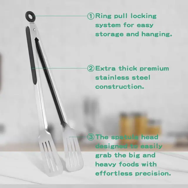 Alt view image 6 of 7 - Tongs for Cooking, Set of 2 Metal Spatula Tongs for Grilling, Black
