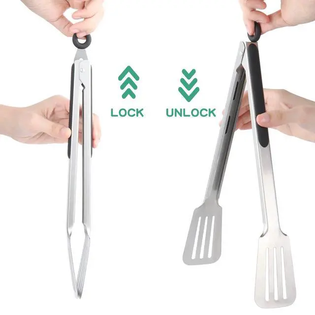 Alt view image 7 of 7 - Tongs for Cooking, Set of 2 Metal Spatula Tongs for Grilling, Black