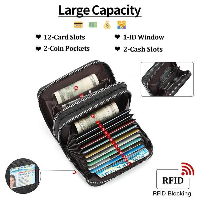 Alt view image 3 of 6 - Credit Card Holder Wallet RFID Blocking Leather Small Wallet for Women Double Zipper Wallet with ID Window
