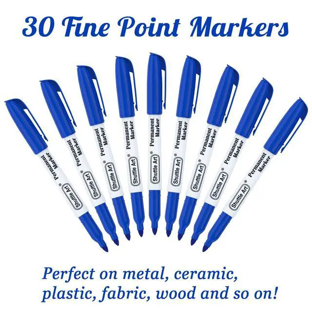 Alt view image 2 of 7 - Permanent Markers, 30 Pack Blue Permanent Marker set,Fine Point, Works on Plastic,Wood,Stone,Metal and Glass for Doodling, Marking