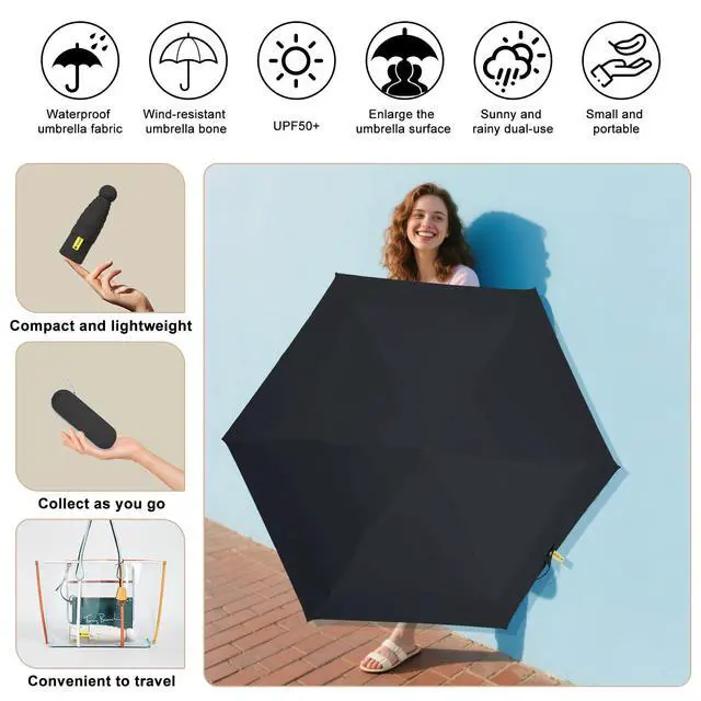 Alt view image 5 of 7 - Compact Travel Umbrella - Mini Manual Umbrella for Purse, Windproof & UPF 50+ Sun & Rain Protection, Lightweight Portable Folding with Case for Women, MenKids (Black 02)