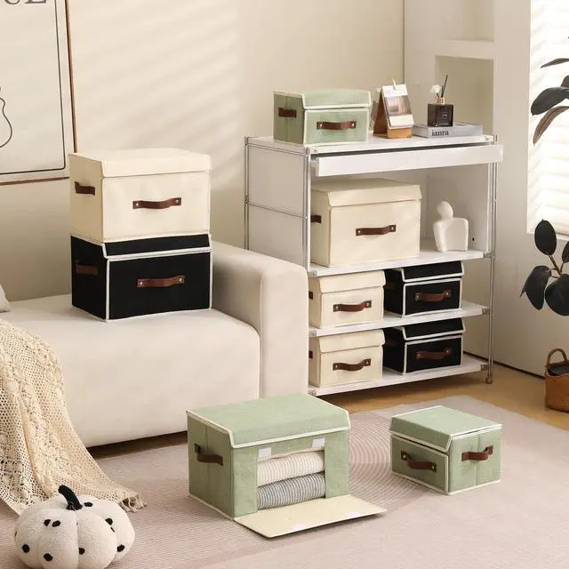 Alt view image 5 of 7 - 2PCS Storage Bins Box with Lids Front Window PU Leather Handles