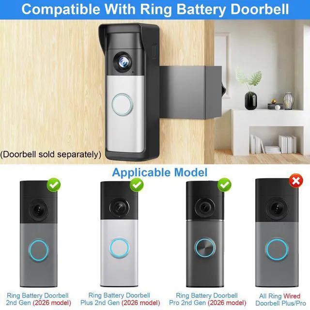 Alt view image 2 of 7 - Anti-Theft Doorbell Mount Compatible with Ring Newest 2026 Battery Doorbell/Plus/Pro, No Drill Wireless Video Camera Doorbell Bracket with Rain Cover for Apartment Rental, Not for Security Door