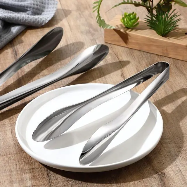 Alt view image 2 of 7 - 2 Pack Polished Stainless Steel Serving Tongs 9 Inch Metal Food Silver Tong for Buffet Salad BBQ Grilling Heavy Duty Kitchen Utensils for Cooking Catering Wedding Party