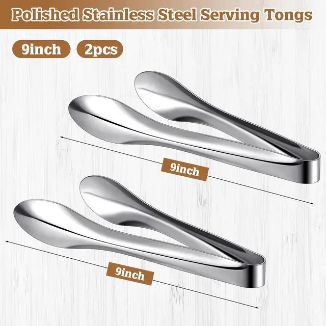 Alt view image 3 of 7 - 2 Pack Polished Stainless Steel Serving Tongs 9 Inch Metal Food Silver Tong for Buffet Salad BBQ Grilling Heavy Duty Kitchen Utensils for Cooking Catering Wedding Party