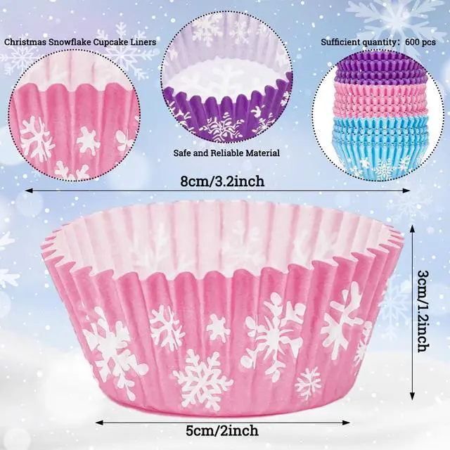 Alt view image 2 of 7 - 600Pcs Winter Snowflake Cupcake Liners Pink Blue Purple Snowflake Cupcake Muffin Wrappers 2 x 1.2 Inch Winter Snow Paper Cake Baking Cups for Xmas Birthday Party Decor Supplies