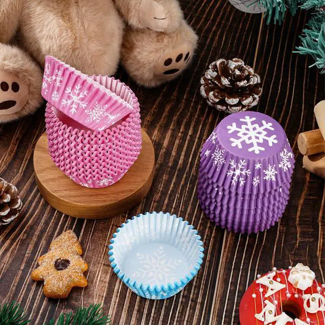 Alt view image 3 of 7 - 600Pcs Winter Snowflake Cupcake Liners Pink Blue Purple Snowflake Cupcake Muffin Wrappers 2 x 1.2 Inch Winter Snow Paper Cake Baking Cups for Xmas Birthday Party Decor Supplies