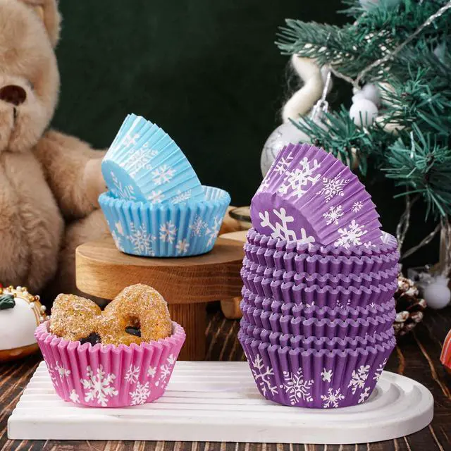 Alt view image 4 of 7 - 600Pcs Winter Snowflake Cupcake Liners Pink Blue Purple Snowflake Cupcake Muffin Wrappers 2 x 1.2 Inch Winter Snow Paper Cake Baking Cups for Xmas Birthday Party Decor Supplies