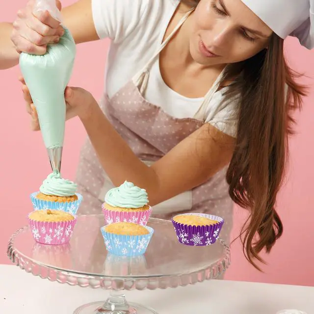 Alt view image 5 of 7 - 600Pcs Winter Snowflake Cupcake Liners Pink Blue Purple Snowflake Cupcake Muffin Wrappers 2 x 1.2 Inch Winter Snow Paper Cake Baking Cups for Xmas Birthday Party Decor Supplies