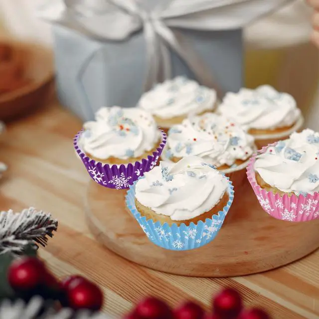 Alt view image 7 of 7 - 600Pcs Winter Snowflake Cupcake Liners Pink Blue Purple Snowflake Cupcake Muffin Wrappers 2 x 1.2 Inch Winter Snow Paper Cake Baking Cups for Xmas Birthday Party Decor Supplies